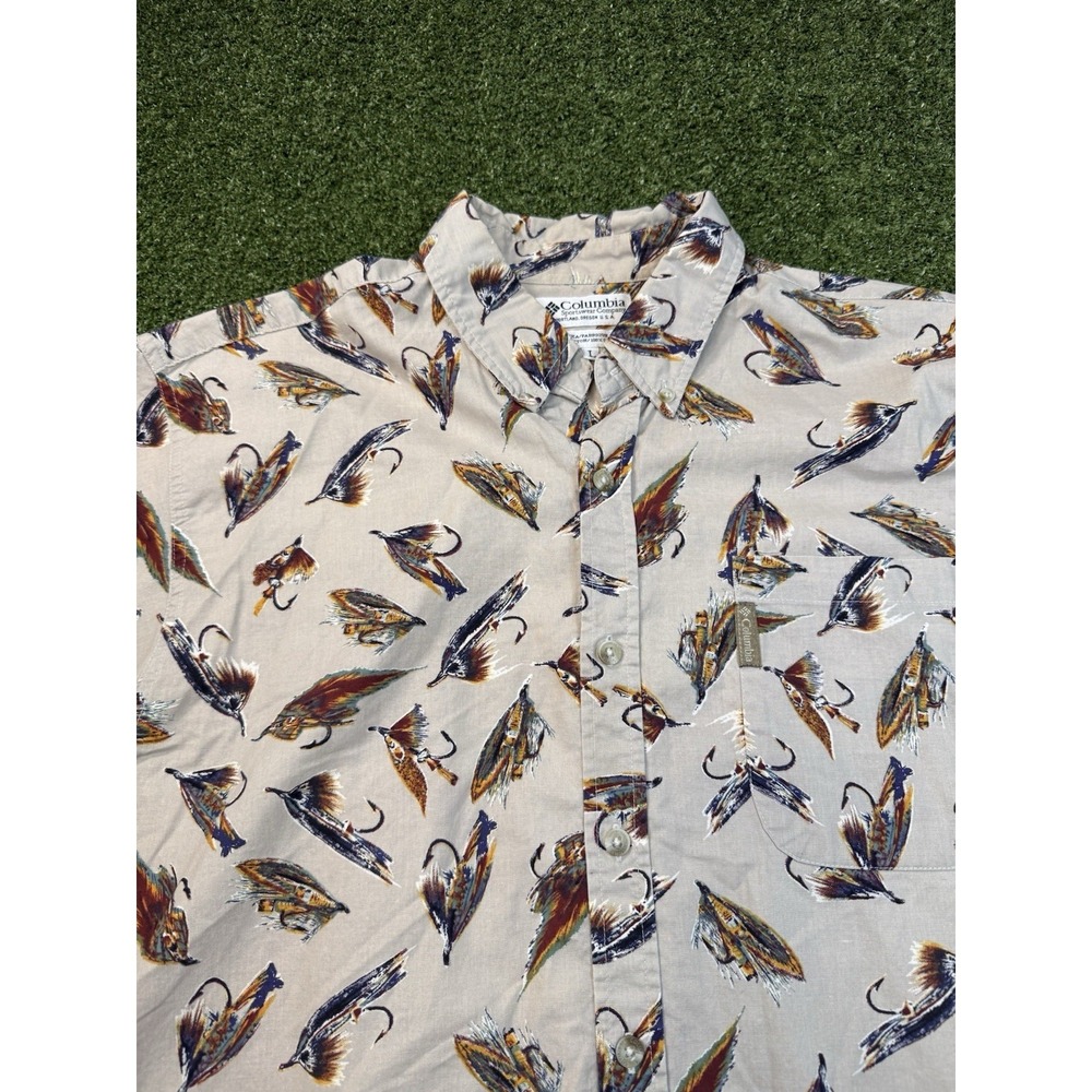 Columbia Men's Fish Fishing Lures All Over Pattern Shirt L Cotton Fly Fishing